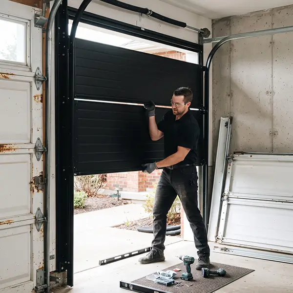 Garage Door Kemah technician inspecting garage door installation and alignment in Kemah Texas