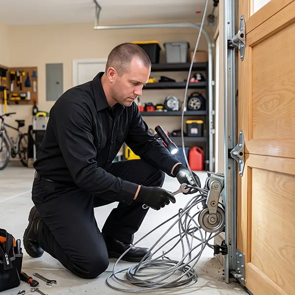 Garage Door Kemah technician inspecting garage door cable repair and alignment in Kemah Texas
