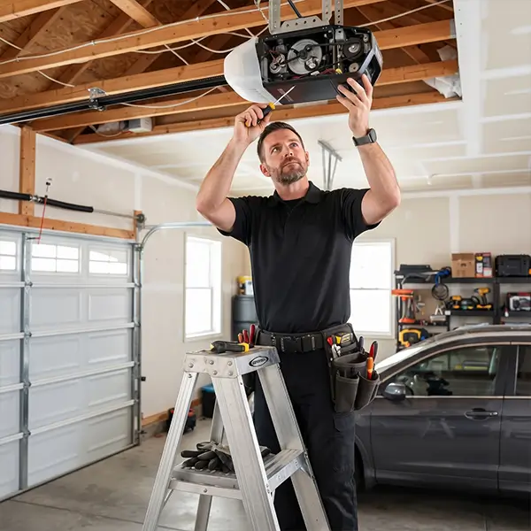 Garage Door Kemah technician evaluating residential garage door opener repair in Kemah Texas