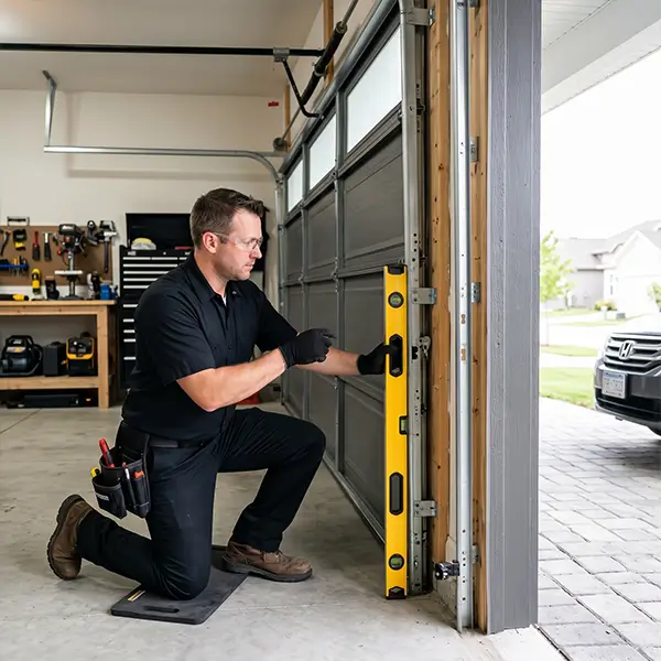 Garage Door Kemah technician inspecting residential garage door alignment in Kemah Texas