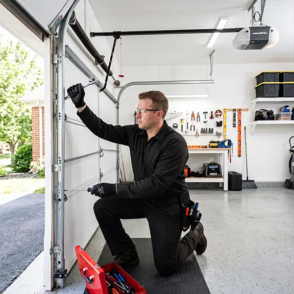 Garage Door Kemah technician inspecting garage door track repair and alignment in Kemah Texas